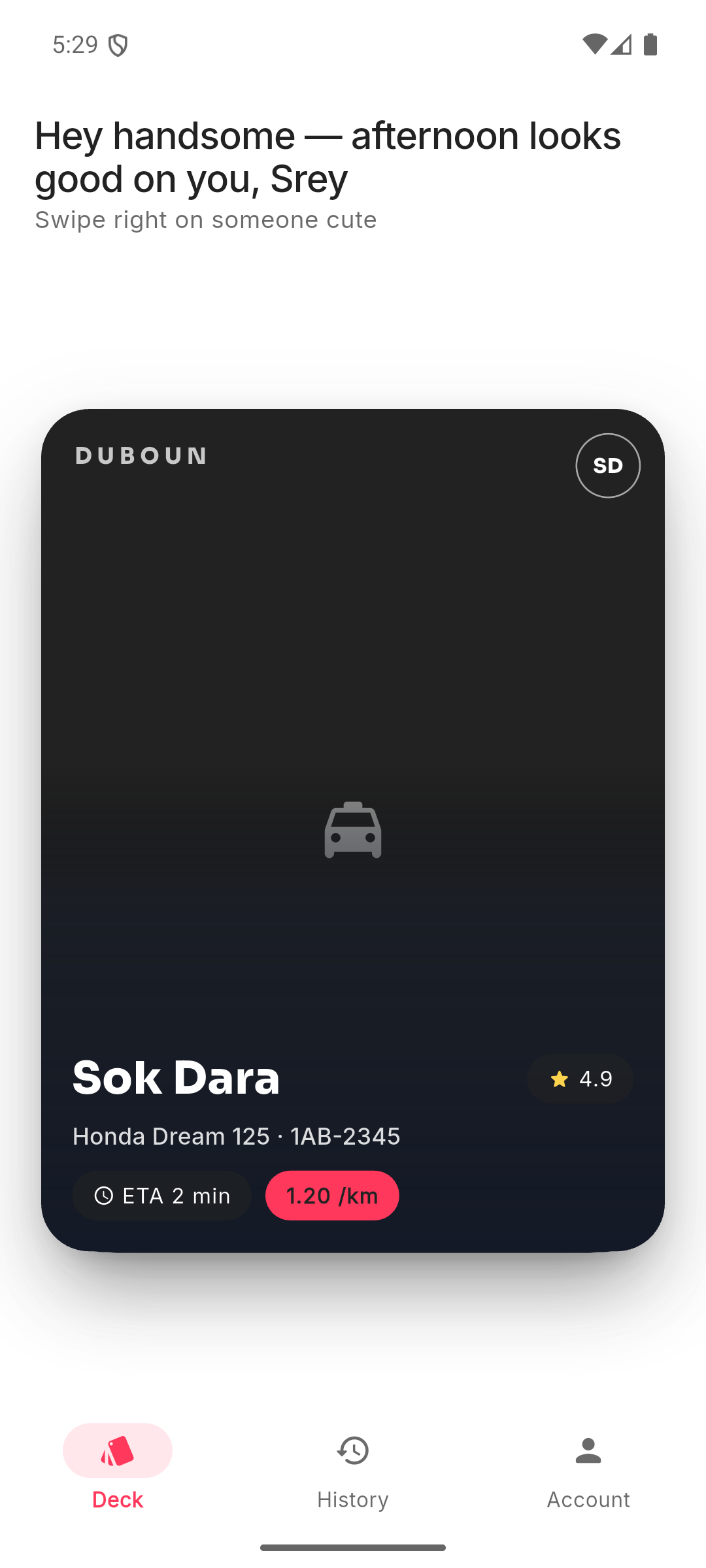 DubOun app showing a driver card for Sok Dara on a Honda Dream. 4.9 rating, 2-min ETA, and a $1.20 upfront price tag.